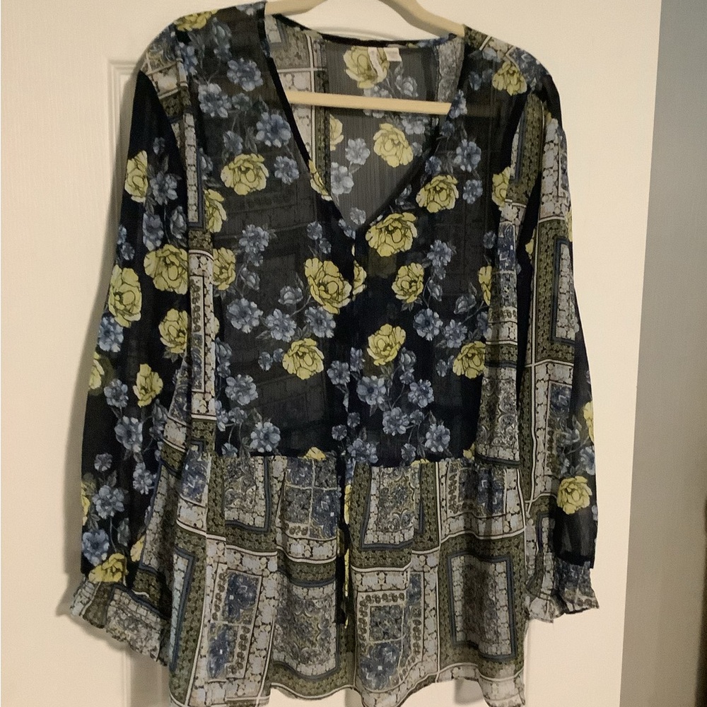 Yellow and Blue Asymmetrical Ruffled Blouse